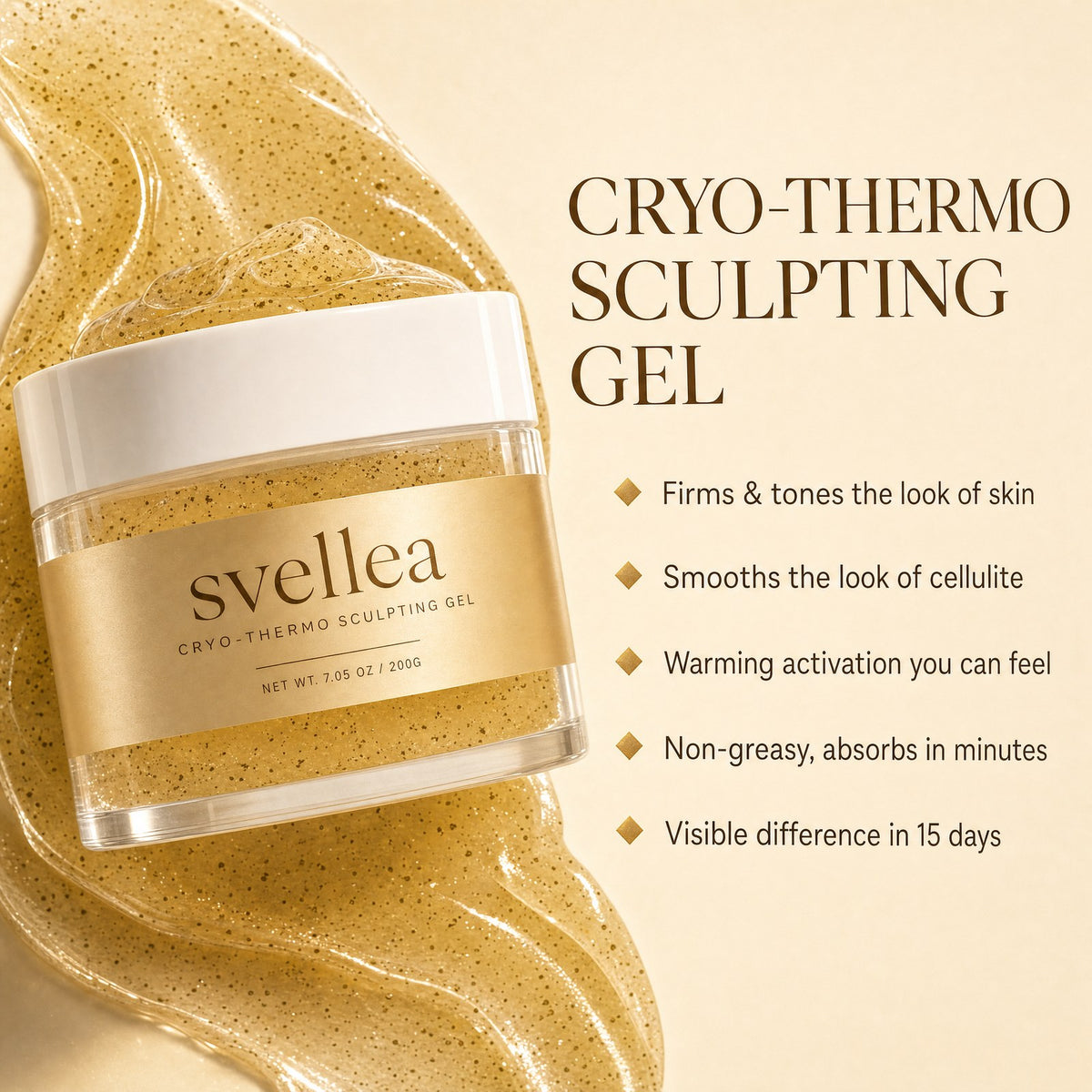 Firms and tones, smooths the look of cellulite, non-greasy, visible in 15 days